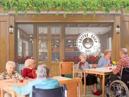 Vintage Cafe Wallpaper, as seen on the wall of this dementia facility dining room, is a mural with an exterior view of a wooden old style coffee shop window looking inside a cafe from About Murals.