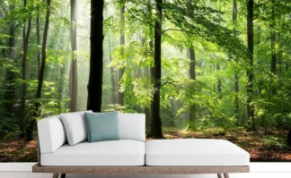 Enchanted Forest Wallpaper, as seen on the wall of this living room, is a high resolution photo mural of sunbeams streaming through green trees in a peaceful forest from About Murals.