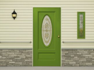 Faux House Mural Wallpaper, as seen on the wall of a care home, is wallpaper that looks like the façade of a real home with a design of vinyl siding, stone foundation, green window and porch light. It surrounds a green dementia door wrap that is on a resident bedroom door and is sold by About Murals.