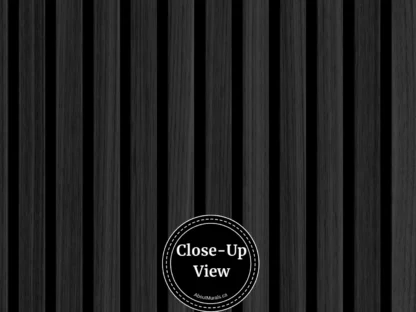 Close-up view of a black wood slat wallpaper sold by About Murals Canada.