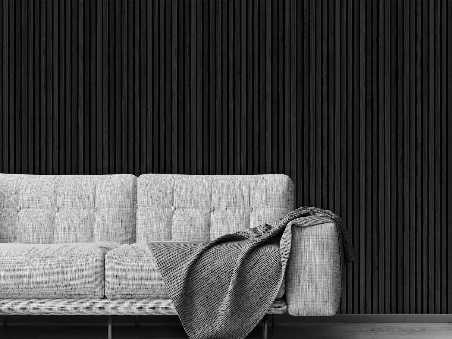 Black Wood Slat Wallpaper, as seen on the wall of this living room, is a realistic wall mural that has a textured look from About Murals.