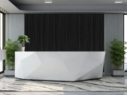 Black Wood Slat Wallpaper, as seen on the wall of this office lobby wall, is a high resolution mural that offers a modern, sophisticated look from About Murals.