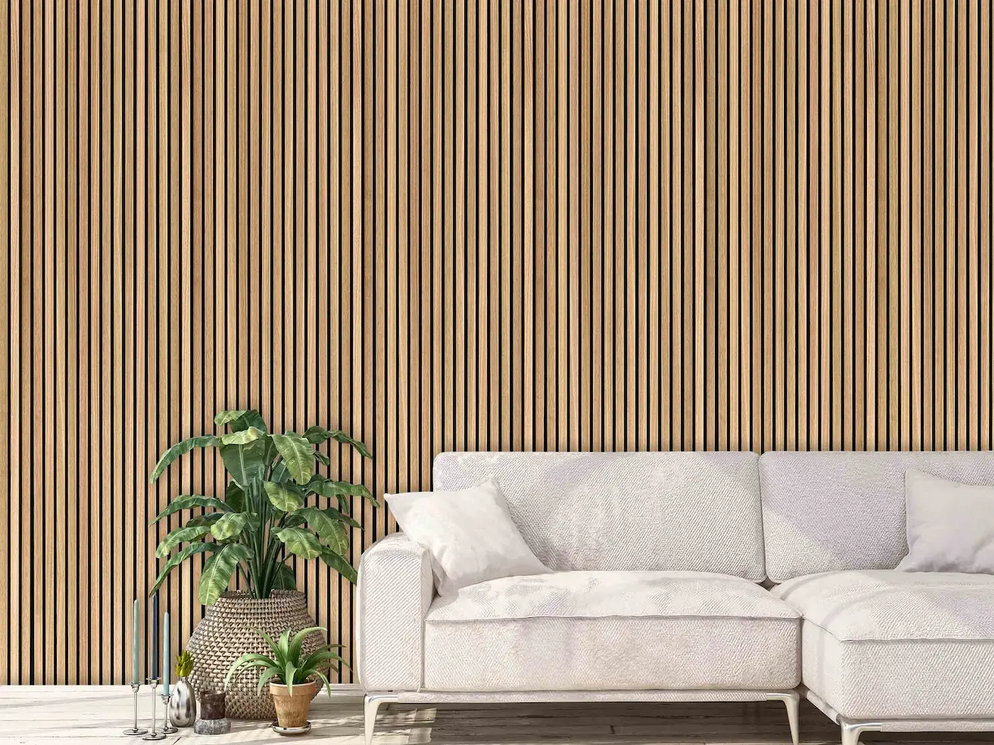 Natural Wooden Slats Wallpaper, as seen on the wall of this living room, is a high resolution photo mural of warm wood slats from About Murals.