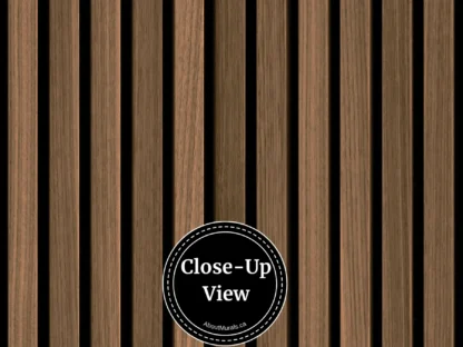 A close-up view of brown slat wallpaper from About Murals