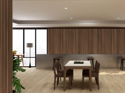 Brown Slat Wallpaper, as seen on the wall of this restaurant, is a realistic mural with dark brown vertical slats from About Murals.
