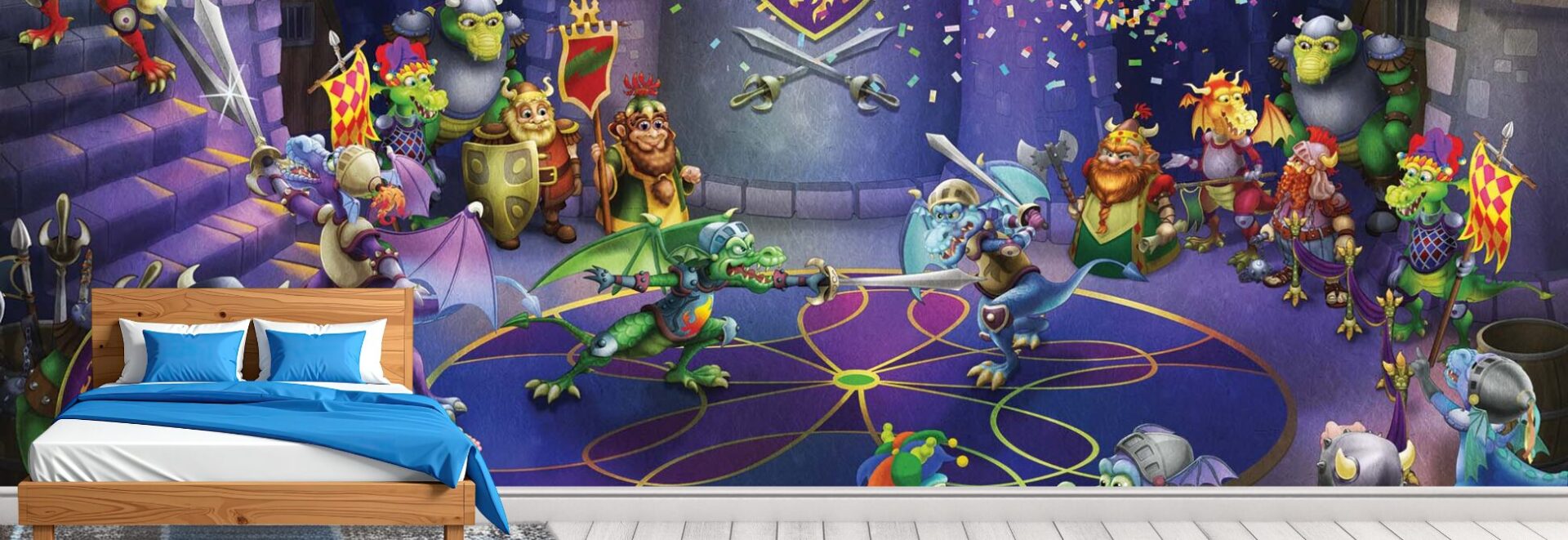 Dinosaur wallpaper, as seen on the wall of this boys bedroom, is a wall mural featuring cute dragons and dinosaurs dualling inside a purple castle from About Murals.
