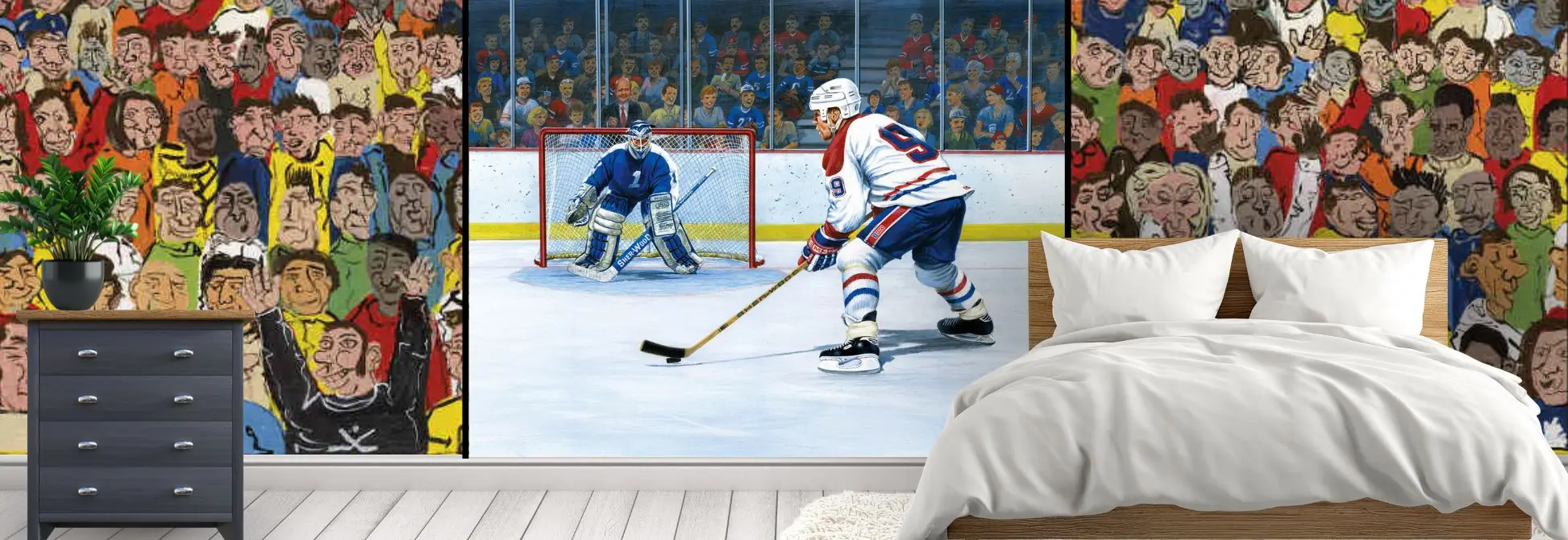 Hockey wallpaper, as seen on the wall of this bedroom, is a wall mural with a Montreal Canadien hockey player taking a shot against a Toronto Maple Leafs goalie in a hockey arena with fans watching from the stands from About Murals.