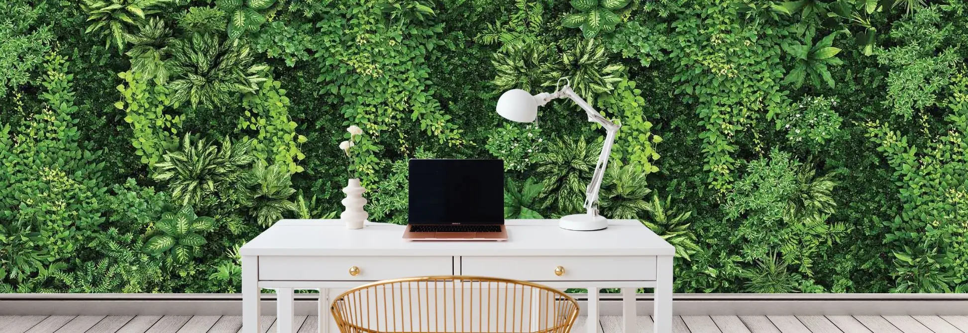 Leaf wallpaper, as seen on the wall of this home office, is a botanical wall mural featuring natural green foliage from About Murals
