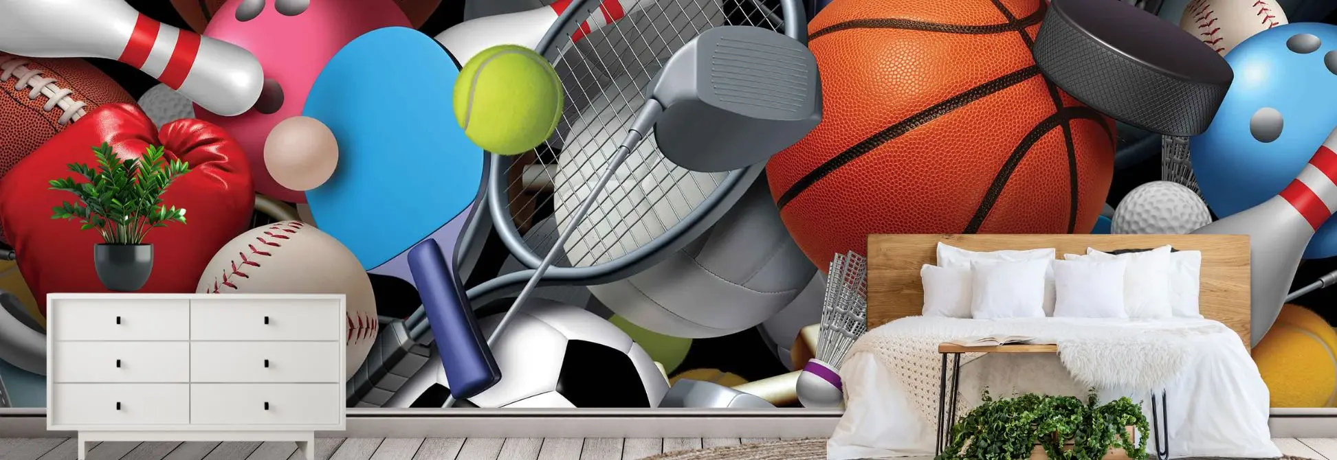 Sports wallpaper, as seen on the wall of a bedroom, is a wall mural featuring sporting equipment such as a golf club, hockey puck, soccer ball, basket ball, football, baseball and volleyball from About Murals.